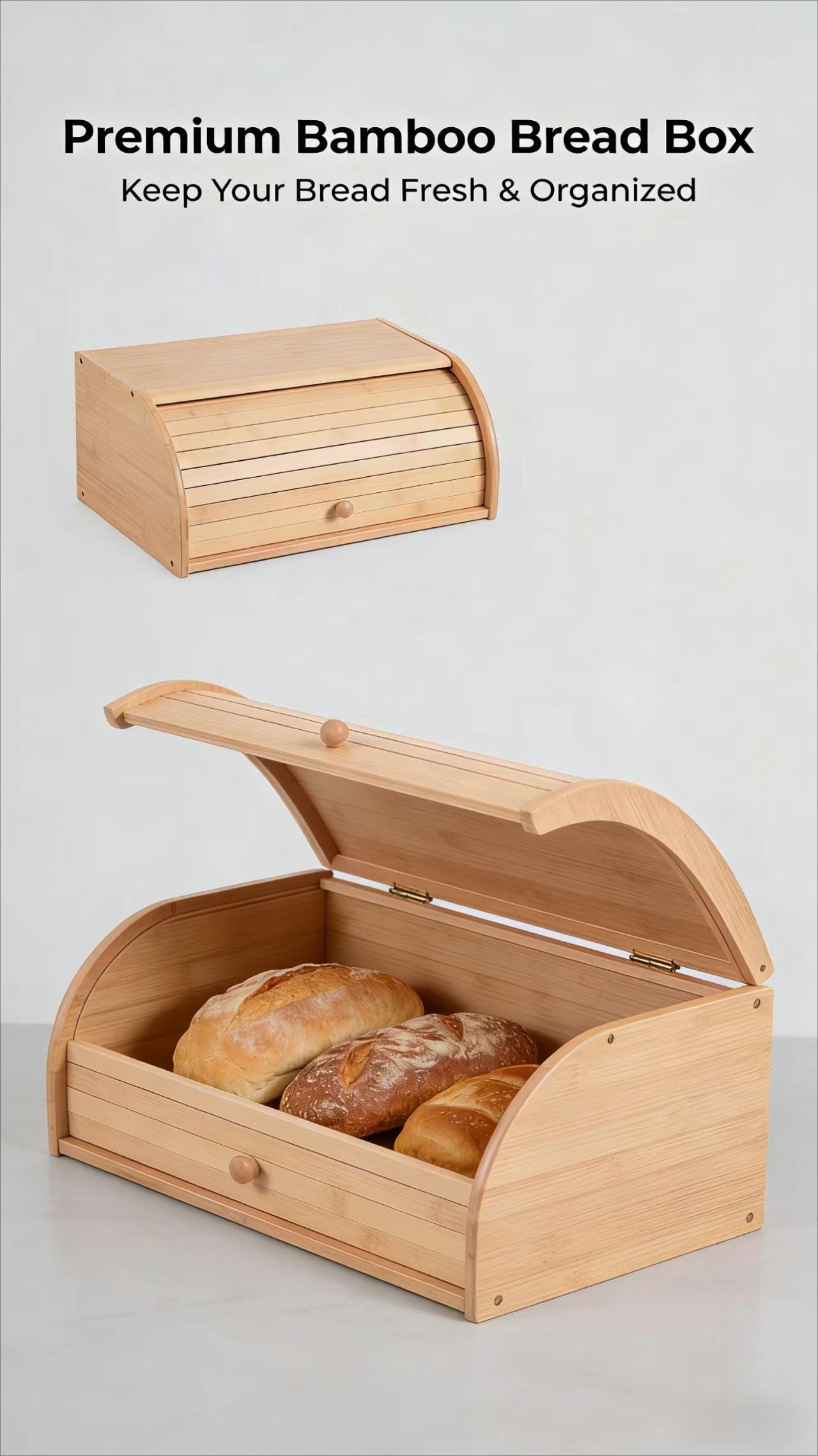 Natural Bamboo Kitchen Bread Box - Eco-Friendly & Sustainable Food Storage Organizer
